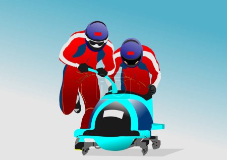 Deux hommes en bobsleigh. Illustration dessinée à la main couleur vectorielle 3d