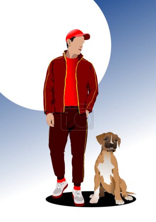 Jeune homme avec boxeur pour chien. Illustration dessinée à la main par vecteur couleur 3d