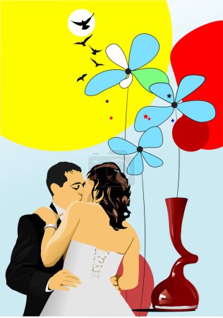 Illustration for Valentine s Day red background with kissing pair  image 14 February. 3d vector hand drawn illustration - Royalty Free Image