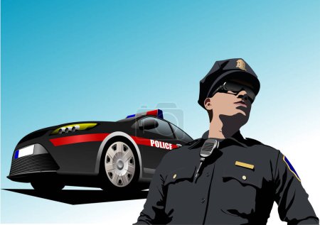 American police officer  and police car. 3d color vector hand drawn  illustration