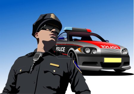 Oficial de policía estadounidense y coche de policía. 3d vector de color ilustración dibujada a mano