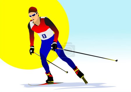 Siluetas deportivas de invierno. Esquiar. Ilustración de vectores 3D a color. ilustración dibujada a mano