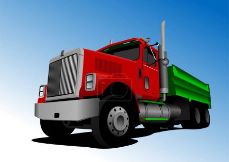 Illustration for Red-green  truck on the road.  3d color vector hand drawn  illustration - Royalty Free Image