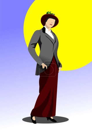 Lady of the early twentieth century on abstract background.  3d color vector hand drawn illustration