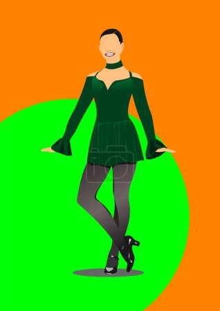 Dancing riverdance woman in green dress . 3d color vector hand draw illustration