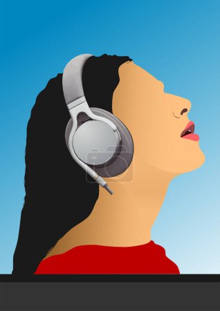 Girl with 3D wireless headphones. Color vector hand drawn illustration