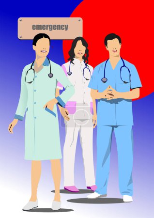 Three doctors near the emergency room. 3d color vector hand drawn  illustration
