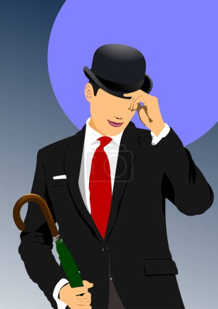 Abstract London gentleman in hat with green umbrella. Vector 3d hand drawn illustration