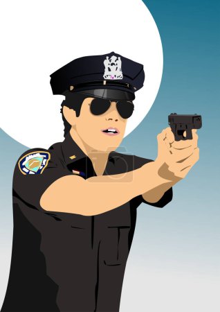 American Policeman with gun. Vector 3d hand drawn illustration