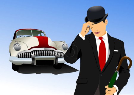 London gentleman in hat and old car. Vector 3d hand drawn illustration