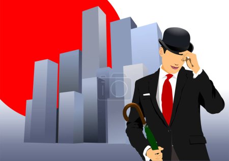 London gentleman in hat on town background. Vector 3d hand drawn illustration