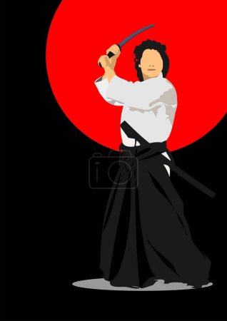 Samurai con la espada. 3d ilustración vectorial dibujado a mano