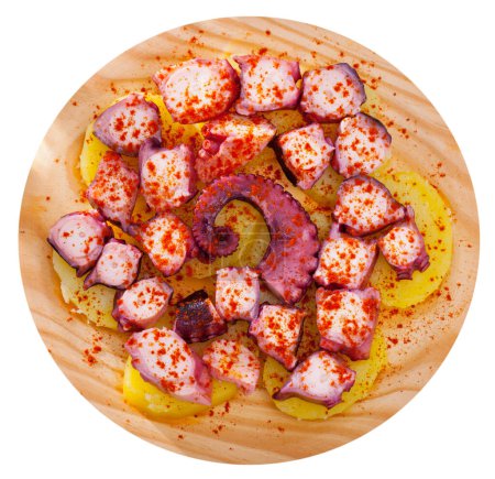 Krake galicisches Gericht mit Paprika. Isoliert über weißem Hintergrund