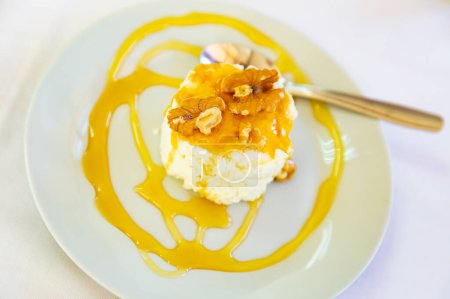 Mato, fresh whey cheese of Catalonia, served on plate with honey and nuts. Traditional Spanish dish.