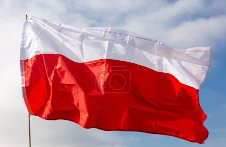 Polish flag flies proudly in wind against blue sky