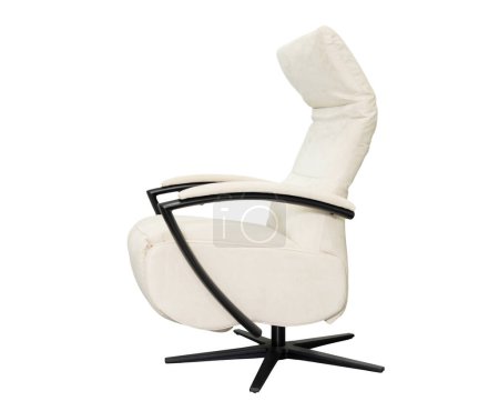 Comfortable ergonomic modern soft office chair with white suede and leather upholstery, black metal armrests and chair base, displayed for sale. Isolated over white background