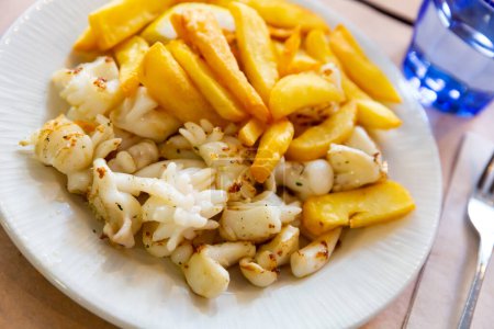 Appetizing roasted cuttlefish with fried potato served on plate