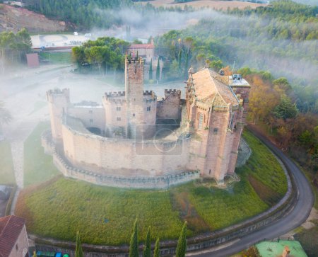 Aerial view of impressive medieval castle of Xavier with attached Basilica on hill in town of Javier, Navarre, Spain