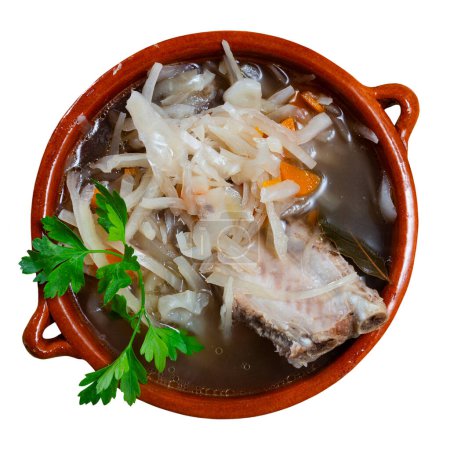 Soup of cabbage Shchi with pork and vegetables. Russian cuisine. Isolated over white background