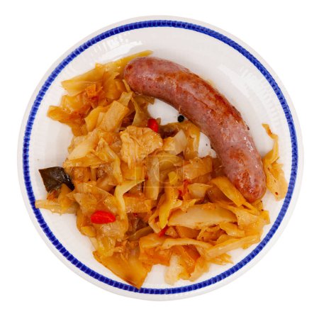 Fried small fatty sausage and stewed shredded cabbage. Isolated over white background