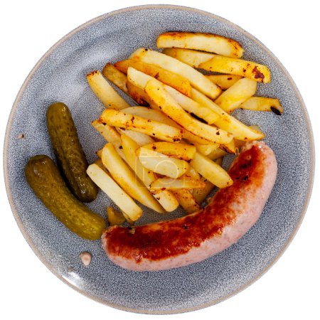 Plate of fried small pork sausage with french fries and bran bread. Dish completed with appetizer pickled gherkin cucumber. Isolated over white background