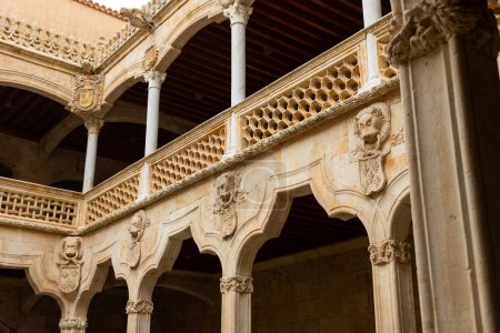 Fusion of medieval, Mudejar and Renaissance architecture in inner court of Public Library of Salamanca located in Casa de las Conchas with two-story open arcade adorned with with stucco animal heads