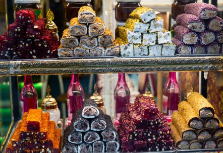 Display of Turkish sweetshop with various kinds of delicious lokum. Popular delight of Ottoman cuisine