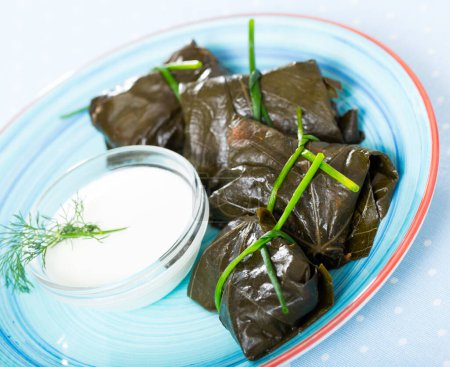 Stuffed grape leaves with vegetable filling served with cream sauce and greens