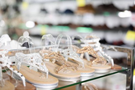 Vitrine en verre montrant différents modèles de sandales dans le magasin de chaussures