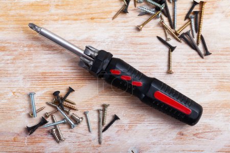 Home male instrument for repairing - different tips of screwdriver and main part. Multifunctional tool for home fixing