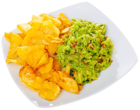 Popular beer refection in bars and cafes is potato chips and pasta guacamole. Isolated over white background