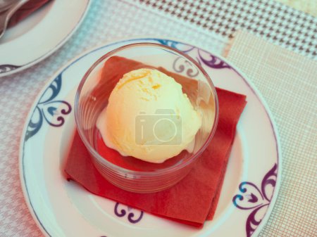 Homemade vanilla flavored ice cream served in glass on plate.