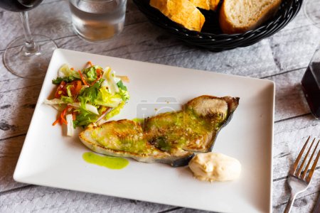 Delicioso filete de tiburón mako cocido sazonado con aceite aromático de hierbas en un plato blanco con ensalada lateral vibrante de lechuga fresca, tomate y zanahoria y una cucharada de salsa cremosa, puesta en una mesa de madera