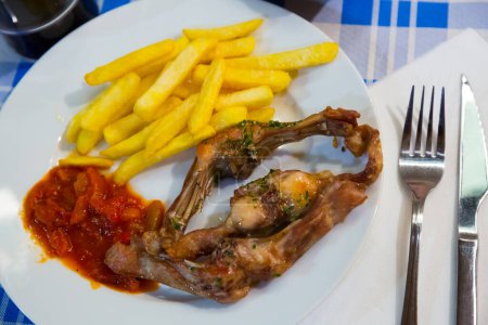 Delicious fried young rabbit served with potatoes and vegetable sauce on white plate