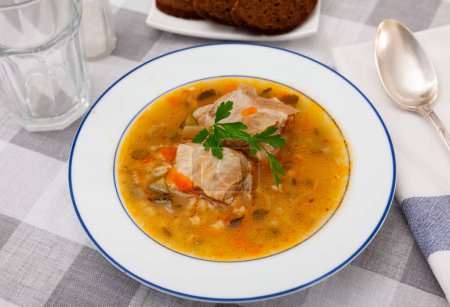 Pickle soup with pearl barley, potatoes, onions, carrots and parsley. Rassolnik in a white plate on a marble background. Traditional dish of Russian cuisine. Top view
