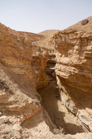 Vue pittoresque sur le canyon ensoleillé de Tamaghza avec d'imposantes falaises de grès érigées en monuments intemporels pour sculpter les forces de la nature en Tunisie