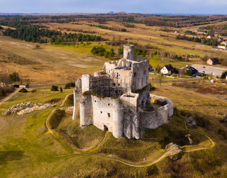 Aerial view of medieval castle ruins on hilltop in small village of Mirow in spring, Silesia Province, Poland