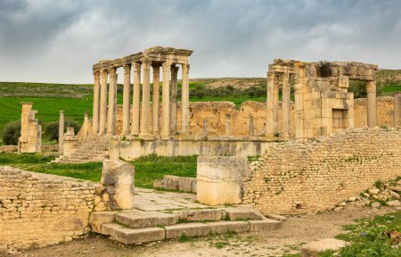 Détails du bâtiment du temple Juno Celestis Junon Celestis, site archéologique de l'ancienne Dougga romaine, Tunisie