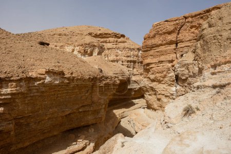 Vue panoramique du canyon désert de Tamaghza en Tunisie avec des falaises abruptes en grès, sculptées par le temps et les éléments ..