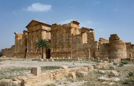 Ruins of ancient Roman capitol forum on territory of antic city of Sufetula in area of modern Tunisia. Half-destroyed buildings from time of Roman Empire. Roman Forum of Sufetula