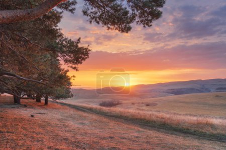 Foto de Vista panorámica del amanecer en el valle de las montañas. Naturaleza paisaje. - Imagen libre de derechos