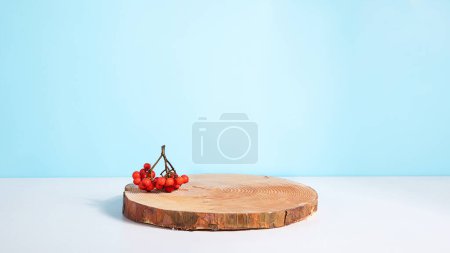 Foto de Podio de madera sobre fondo azul con bayas de rowan de otoño. Escaparate, promoción venta, presentación, cosmética. Composición otoñal - Imagen libre de derechos