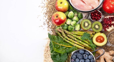 Photo for Balanced diet food background. Nutrition, clean eating food concept. Diet plan with vitamins and minerals. Top view. Panorama with copy space. - Royalty Free Image