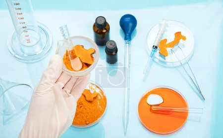 Photo for Medicine research of curcuma properties with the help of laboratory equipment, woman in gloves testing turmeric powder. Top view - Royalty Free Image