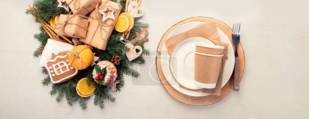 Photo for Christmas eco friendly table setting. Zero waste. Christmas and New Yer holiday concept, top view, copy space, panorama, banner - Royalty Free Image