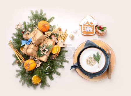 Photo for Christmas eco friendly table setting. Zero waste. Christmas and New Year holiday concept, top view - Royalty Free Image
