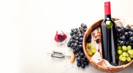 Téléchargez les photos : Dégustation de vin. Une photo aérienne de verres de vin rouge et blanc avec une bouteille, des raisins, et un bouchon de liège vintage et des bouchons de liège, prise d'en haut sur un fond clair. Panorama avec espace de copie. - en image libre de droit