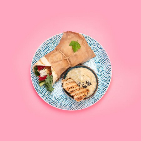 Photo for Greek gyros on pink background. Traditional food.  Top view, - Royalty Free Image