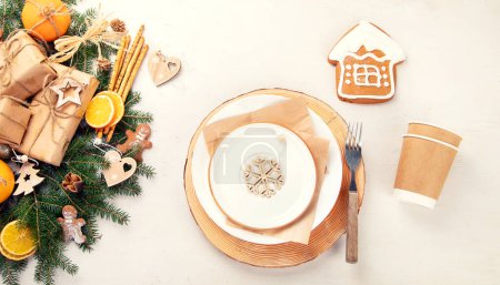 Photo for Christmas eco friendly table setting. Zero waste. Christmas and New Yer holiday concept, top view - Royalty Free Image