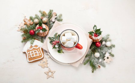Photo for Christmas table setting with empty plate on light background. Winter Holidays conept. Top view. - Royalty Free Image